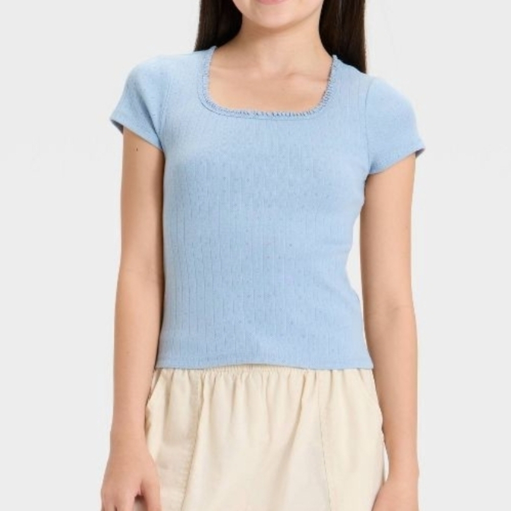 art class Light Blue Ribbed Tank with Ruffled Trim Size L 10/12,  Blue